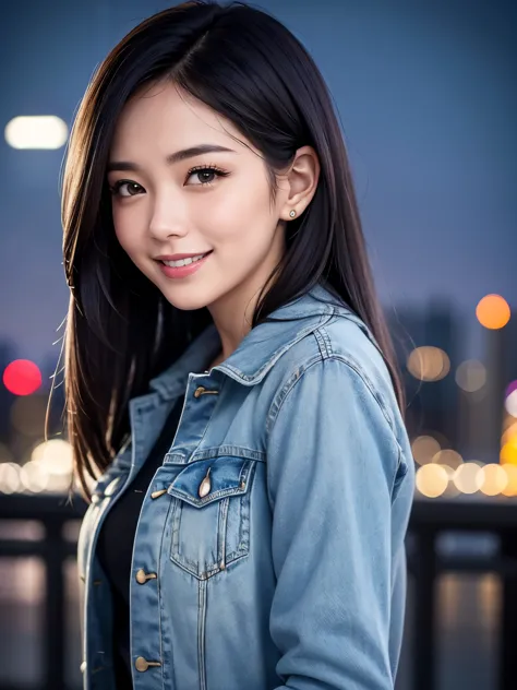 City pop woman, night background, dark hair, loose hair, smiling face, upper body, denim jacket, masterpiece, top quality, super...