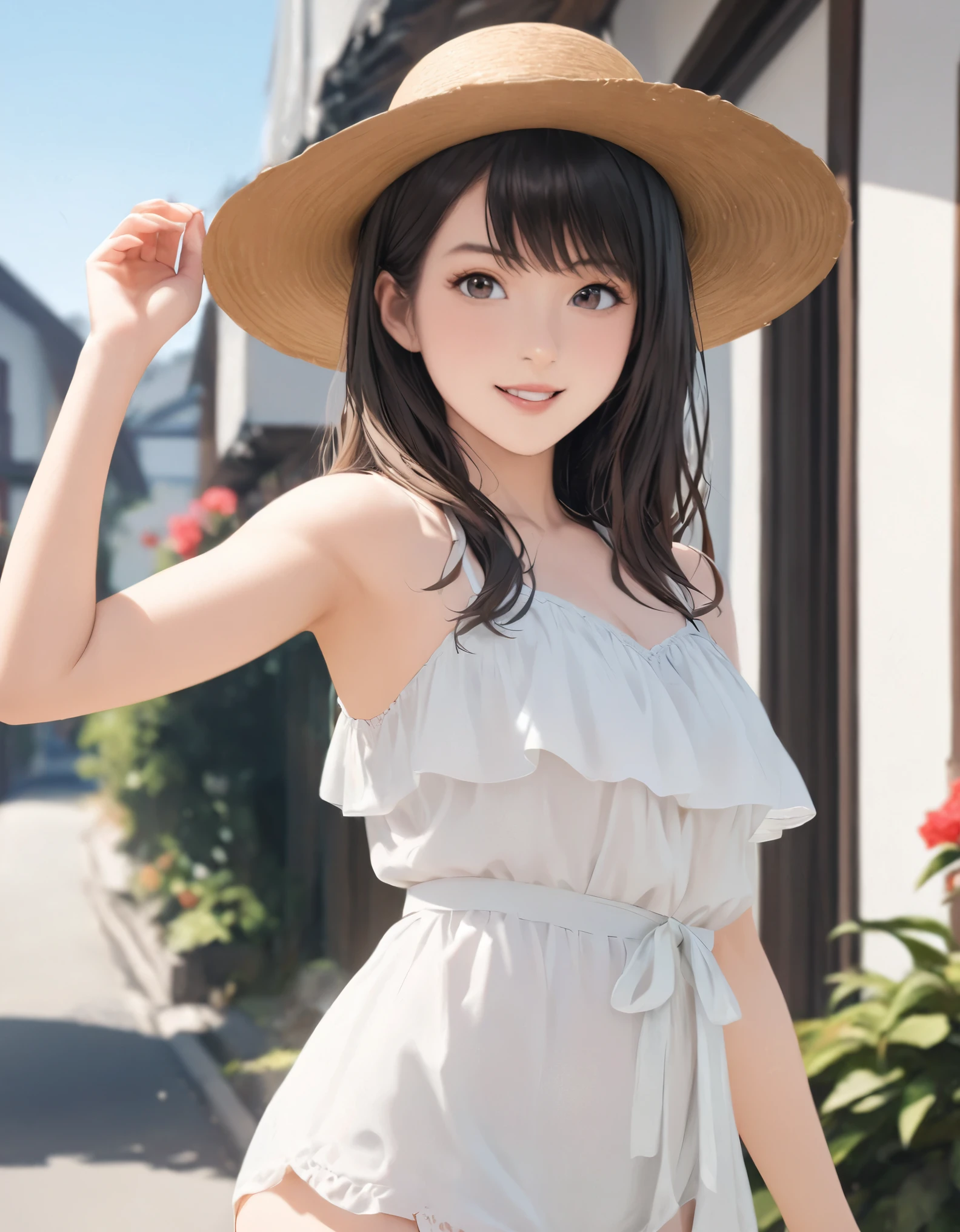 (best quality:1.2), 1girl, Residential Street, blouse, summer, cowboy shot, shoot from front