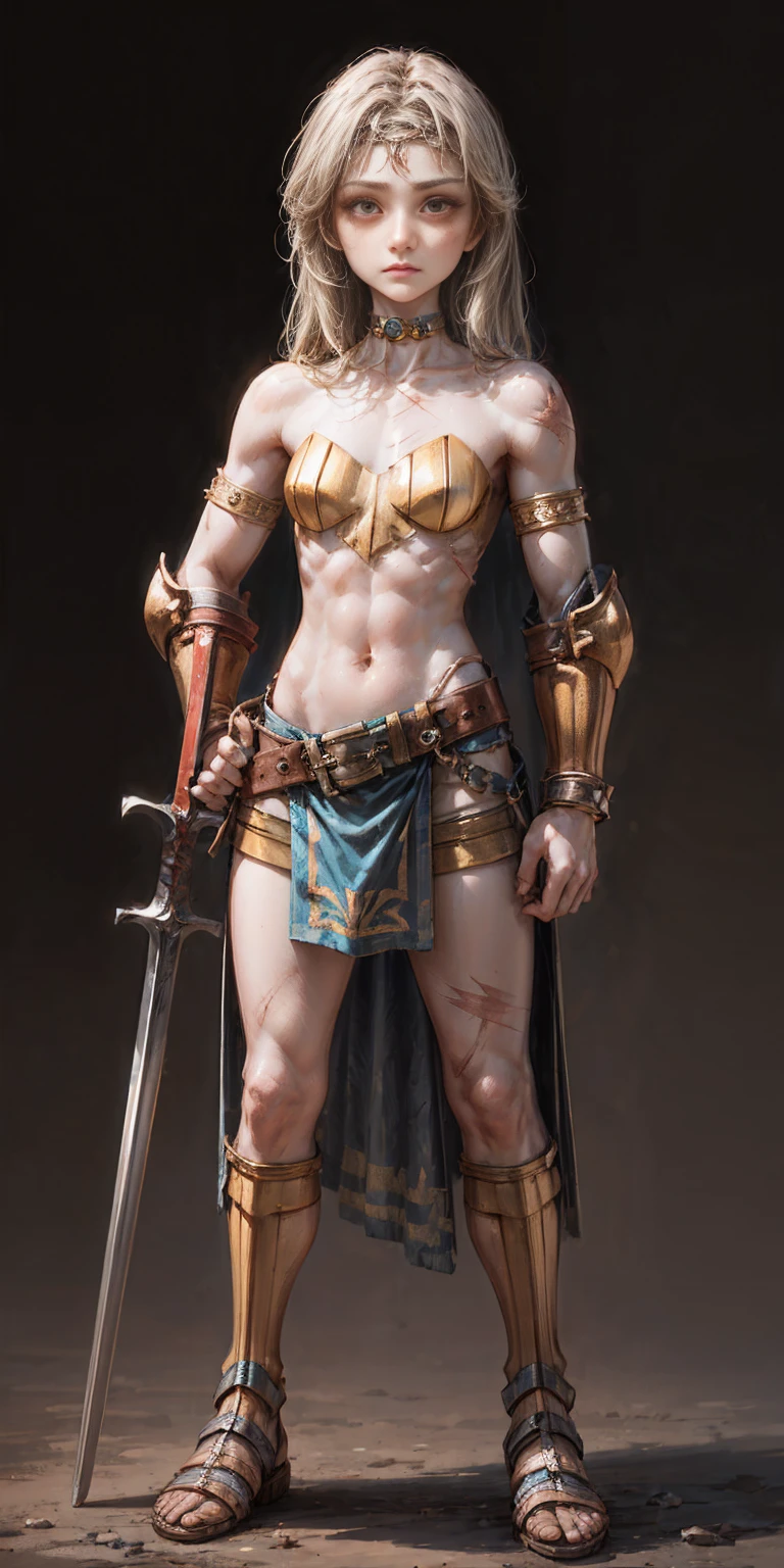 Subject:

1 Solo Female Gladiator
Pose:

Full body, whole body
Standing tall, hands on hips (conveying confidence)
Feet together, conveying a strong stance
View from slightly below, emphasizing her power
Clothing and Armor:

Loincloth (detailed and well-crafted, showcasing her warrior status)
Metal sandals, sturdy and battle-worn
Leather choker, adorned with a gladiator emblem or small spikes (optional)
Big belt, holding additional weapons or pouches (optional)
Bracers on forearms, for protection
Jewelry:

Tiara (can be simple and battle-ready, or adorned with feathers or gladiator symbols)
Additional Details:

Strong, defined muscles
Determined expression on her face
Optional: scars or other battle marks that tell a story of her victories