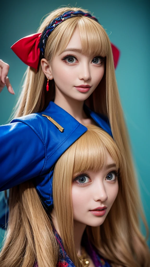 (Meisterwerk, höchste Qualität, Sehr detailiert, bester Schatten), (detaillierter Hintergrund,) Ein blondes Mädchen mit langen Haaren, das eine blaue Jacke und ein rotes Band trägt, Porträt einer Japanerin, Larisa Manovar, Takeyuki Kanda, Ayami Kojima Amano, langes blondes Haar, Anaglypheneffekt Ayami Kojima, Lena Nomen Stil 3/4, Anime-Mädchen im echten Leben, Avatarbild, Loch im Motto