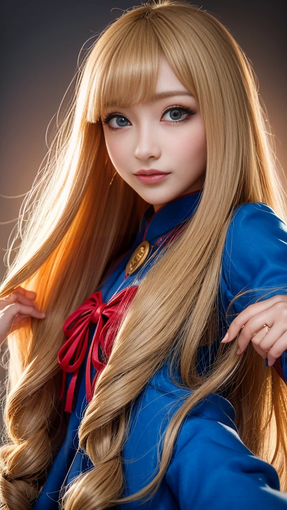 (masterpiece, Highest quality, Very detailed, Best Shadow), (Detailed Background,) A blonde girl with long hair wearing a blue jacket and a red ribbon, Portrait of a Japanese Gal, Larisa Manovar, takeyuki kanda, ayami kojima amano, Long blonde hair, Anaglyph Effect Ayami Kojima, Lena Noun Style 3/4, Real life anime girls, Avatar Image, Hole in the Motto