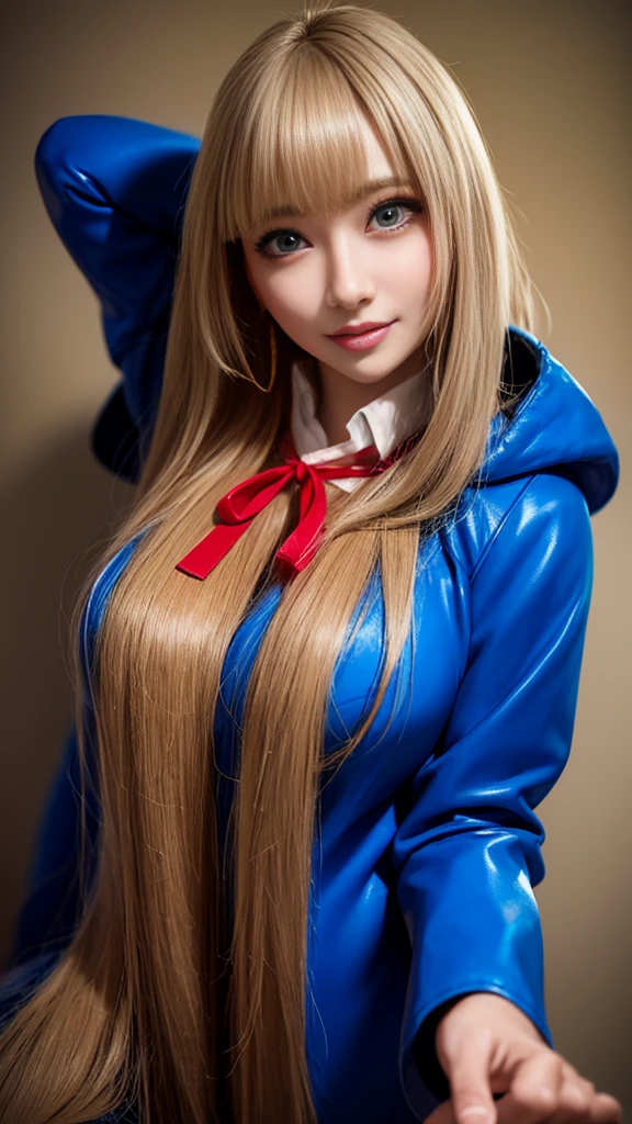 (obra maestra, de la máxima calidad, Muy detallado, mejor sombra), (antecedentes detallados,) Una chica rubia con pelo largo que lleva una chaqueta azul y una cinta roja., Retrato de una chica japonesa, Larisa Manovar, takeyuki kanda, ayami kojima amano, Cabello largo y rubio, efecto anaglifo ayami kojima, Lena Sustantivo Estilo 3/4, Chicas anime de la vida real, Avatar Image, Agujero en el lema