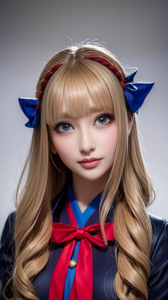 (masterpiece, Highest quality, Very detailed, Best Shadow), (Detailed Background,) A blonde girl with long hair wearing a blue jacket and a red ribbon, Portrait of a Japanese Gal, Larisa Manovar, takeyuki kanda, ayami kojima amano, Long blonde hair, Anaglyph Effect Ayami Kojima, Lena Noun Style 3/4, Real life anime girls, Avatar Image, Hole in the Motto