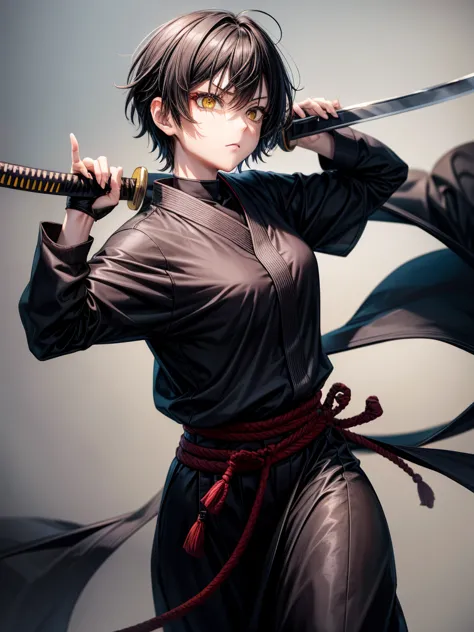 Katana, Iaido, Yellow eyes, Black casual outfit, Black short hair