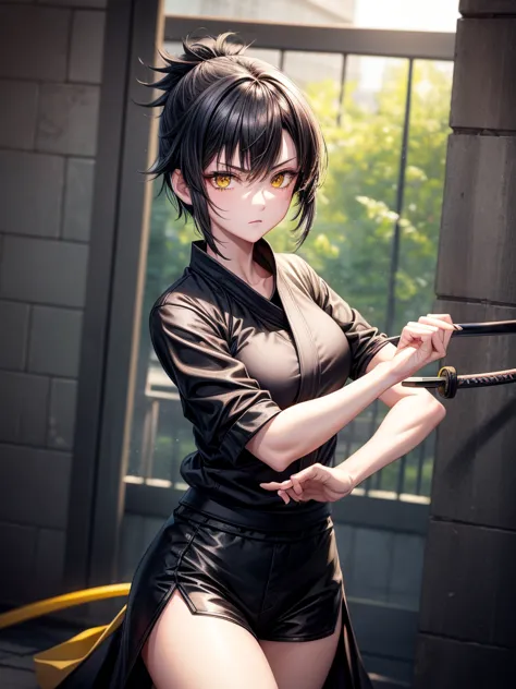 Katana, Iaido, Yellow eyes, Black casual outfit, Black short hair