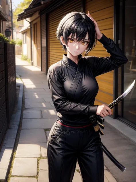 Katana, Iaido, Yellow eyes, Black casual outfit, Black short hair