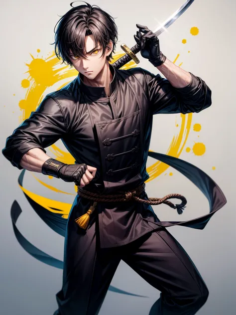 Sword, Iaido, Yellow eyes, Black suit, Black short hair, Young man