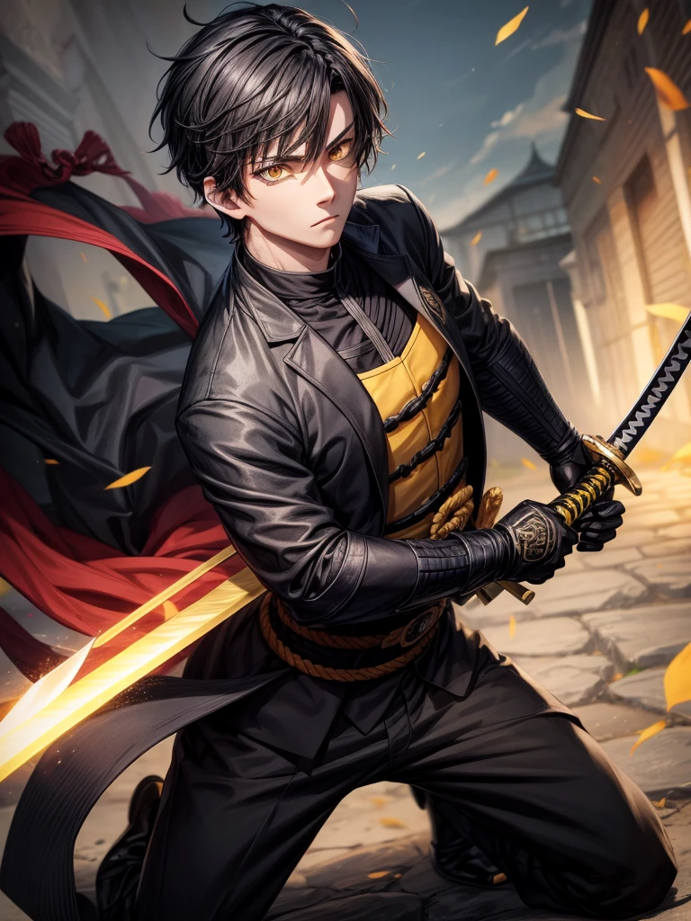 Sword, Iaido, Yellow eyes, Black suit, Black short hair, Young man