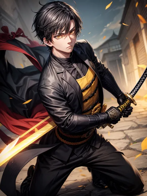 sword, iaido, yellow eyes, black suit, black short hair, young man