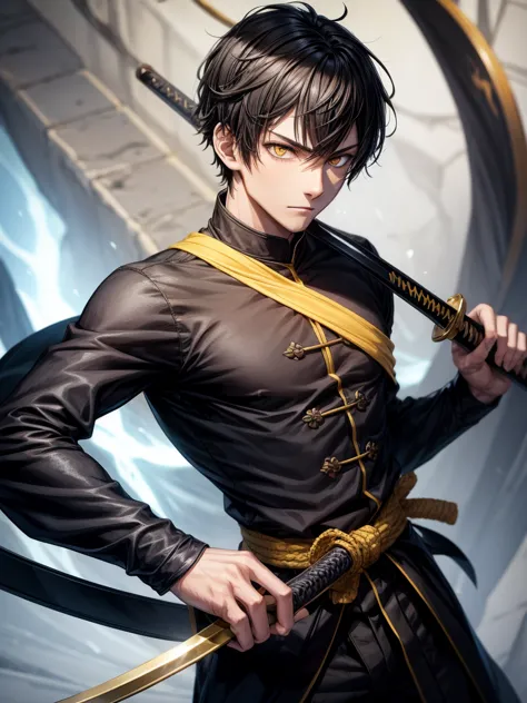 sword, iaido, yellow eyes, black suit, black short hair, young man