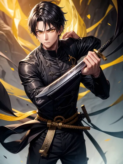 Sword, Iaido, Yellow eyes, Black suit, Black short hair, Young man