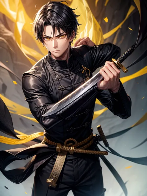 sword, iaido, yellow eyes, black suit, black short hair, young man