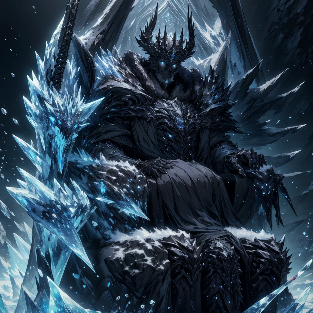   (Very detailed), (Masterpiece), (best quality), (wallpaper 8k Very detailed), Masterpiece,Very detailed,ice throne, Fantasy, Realistic photos, hyperrealism, Highly detailed, movie light, man wearing black armor,long black fur shawl((fur  black)) ,Face details, sharp details, black short hair, blue eyes,have muscles, handsome face,
,a man in black armor sitting on an white ice throne, detailed face and muscles, long black fur shawl((fur black)) , sharp details, fantasy, realistic, hyperrealism, movie lighting, 8k, best quality, masterpiece,snow, ice, ice throne, spiky throne, crystal throne, sitting