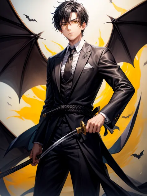 sword, iaido, yellow eyes, black tie, short black hair, young man, bat wings