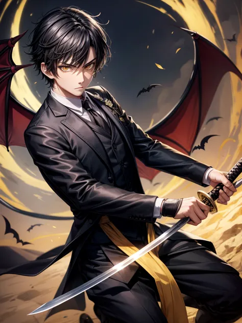 sword, iaido, yellow eyes, black tie, short black hair, young man, bat wings