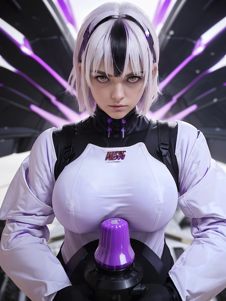 (bangs:1.3), (new heat core by purple explosion  :1.5), (mixed white hair :1.4),(perfect skin girl:1.4),(beautiful hair1.3),(big boobs:1.3) 
(black carbon suits:1.3),(neatly groomed short hair :1.4),(white eyes:1.5),(after strike impact driven:1.5)