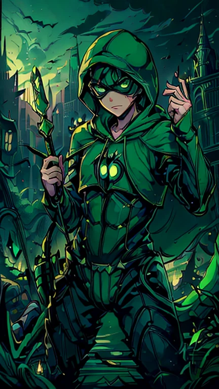 best quality,masterpiece,1boy,solo,(((13years old))),japanese boy,an extremely cute and handsome boy,highly detailed beautiful face and eyes,petit,cute face,lovely face,baby face,shy smile,show teeth,bonde hair,short hair,flat chest,skinny,slender(((wearing a Green Arrow costume,green dominomask,green hood))),(((Heroic pose in Dark Midnight Fantasy style Gotham castle))),he is looking at the viewer,