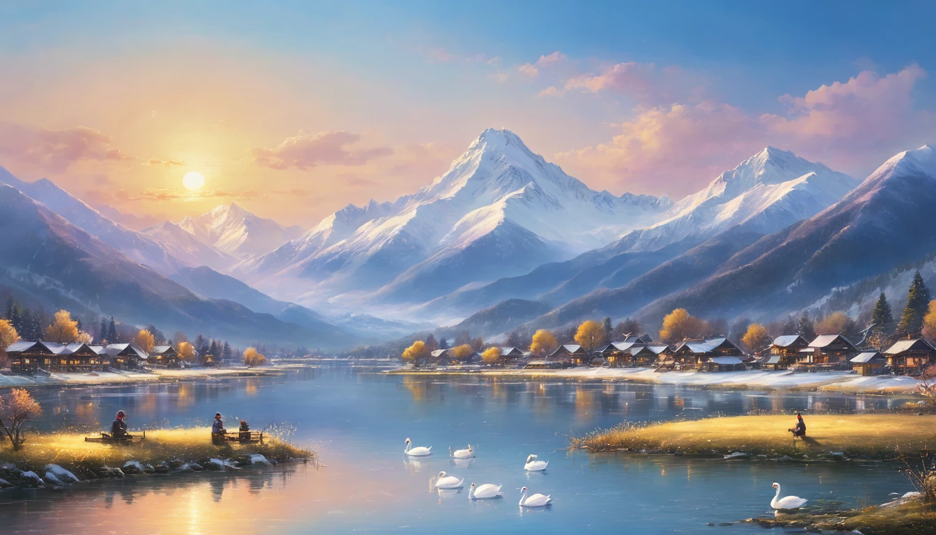 A town by a quiet lake。Swans float on the lake、A fisherman quietly casts his line。Snow-capped mountains in the distance々Towering、The sunset reflects on the water。　Oil painting style