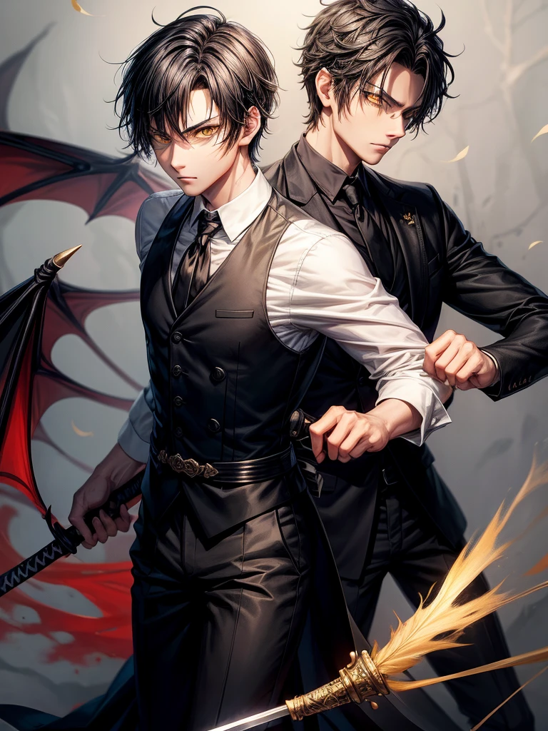 Sword, Iaido, Yellow eyes, Black tie, Short black hair, Young man, Bat wings, Spider lily