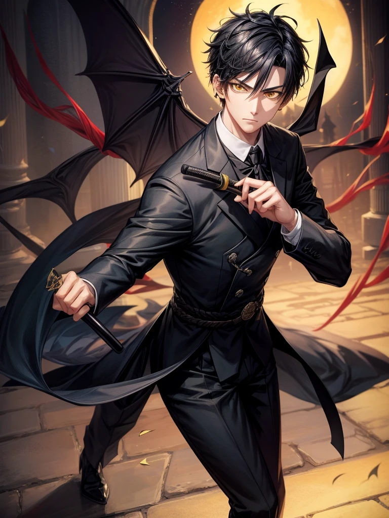 Sword, Iaido, Yellow eyes, Black tie, Short black hair, Young man, Bat wings, Spider lily