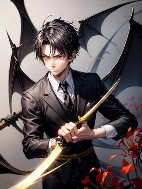 sword, iaido, yellow eyes, black tie, short black hair, young man, bat wings, spider lily