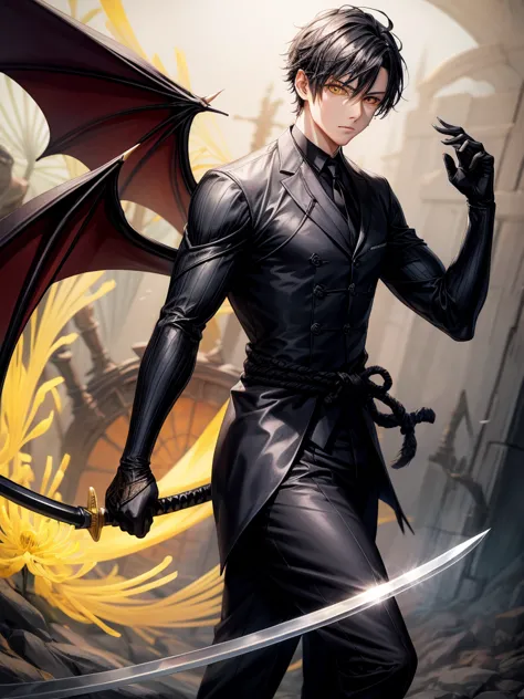 Sword, Iaido, Yellow eyes, Black tie, Short black hair, Young man, Bat wings, Spider lily