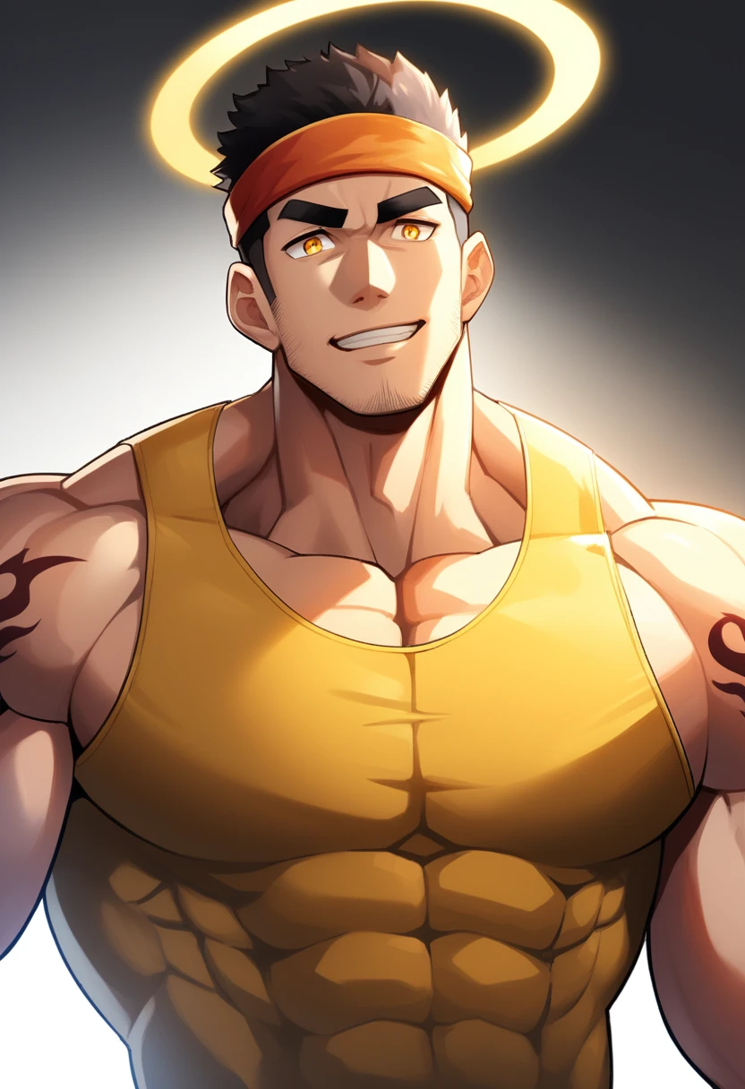 anime characters：Gyee, 1 young muscular man, male focus, Flame tattoo, sports Red headband, Dark Yellow spandex tight tank top, Very tight, muscular male, muscular, Round, firm and full chest muscles, only, Upper body, alone, Black short hair, Thick eyebrows, stubble, Yellow eyes, White background, simple background, amazing quality, best aesthetics, Ridiculous, bright pupils, crew cut, naughty face, torogao, parted lips, halo, god rays, best quality