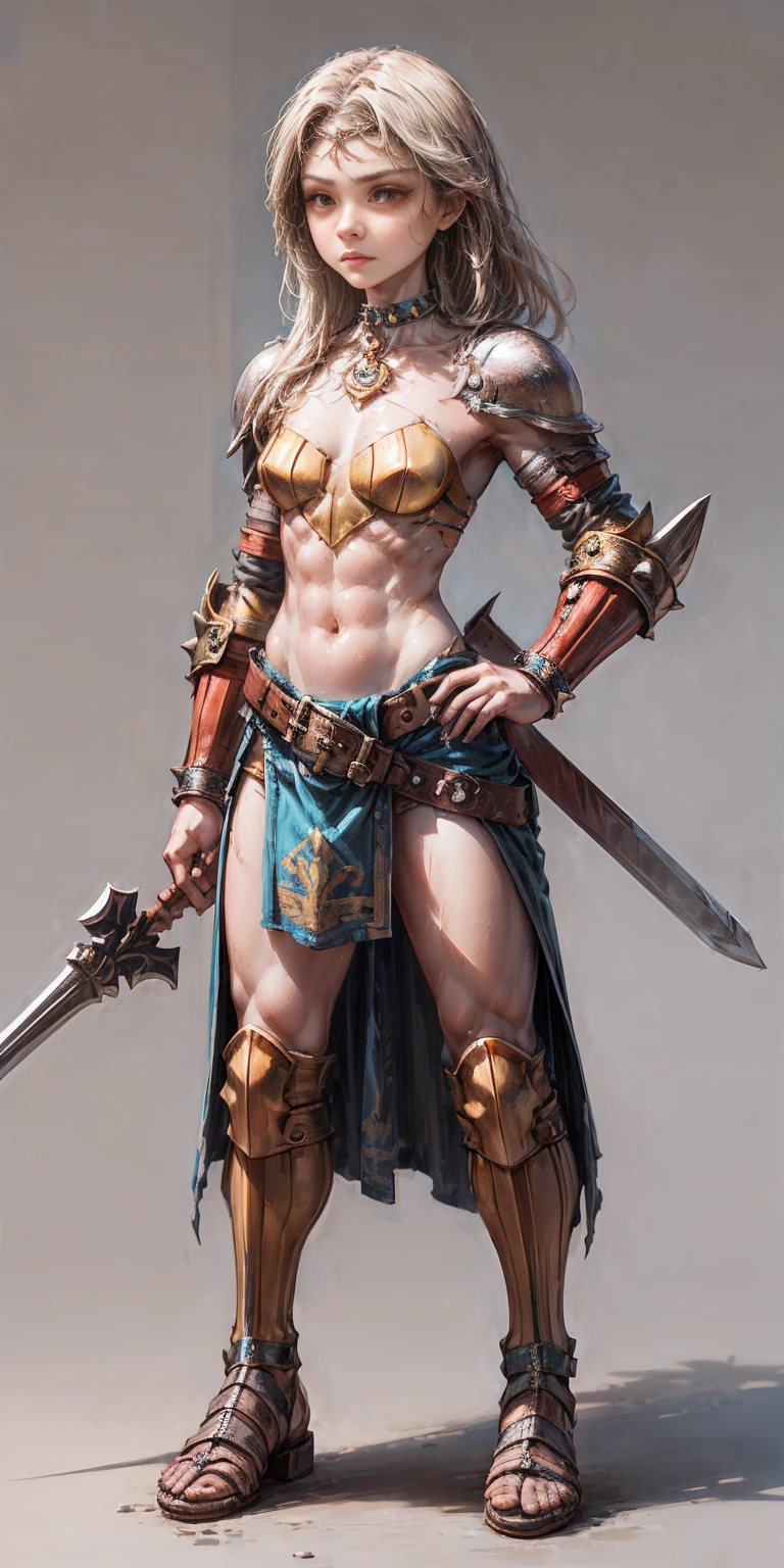 主題: 1 女性ソロ剣闘士のポーズ: 全身, 全身 背筋を伸ばして立つ, 腰に手を当てる (自信を伝える) 足を揃えて, 強い姿勢を伝える 少し下から見た図, 彼女の力を強調する衣服と鎧: ふんどし (詳細かつ丁寧に作られた, 彼女の戦士としての地位を示す) メタルサンダル, 丈夫で使い古されたレザーチョーカー, 剣闘士の紋章や小さな釘で飾られている (オプション) 大きなベルト, 追加の武器やポーチを収納する (オプション) 前腕のブレーサー, 保護用ジュエリー: ティアラ (シンプルで戦闘準備も整う, または羽根や剣闘士のシンボルで飾られている) さらなる詳細: 強い, 筋肉がはっきりしている 顔に決意の表情がある オプション: 彼女の勝利を物語る傷跡やその他の戦いの痕跡