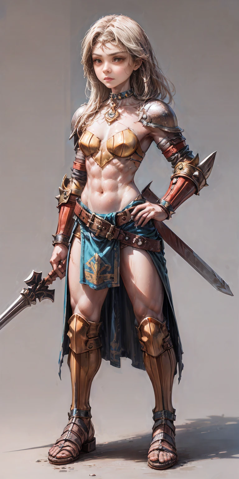 Subject: 1 Solo Female Gladiator Pose: Full body, whole body Standing tall, hands on hips (conveying confidence) Feet together, conveying a strong stance View from slightly below, emphasizing her power Clothing and Armor: Loincloth (detailed and well-crafted, showcasing her warrior status) Metal sandals, sturdy and battle-worn Leather choker, adorned with a gladiator emblem or small spikes (optional) Big belt, holding additional weapons or pouches (optional) Bracers on forearms, for protection Jewelry: Tiara (can be simple and battle-ready, or adorned with feathers or gladiator symbols) Additional Details: Strong, defined muscles Determined expression on her face Optional: scars or other battle marks that tell a story of her victories