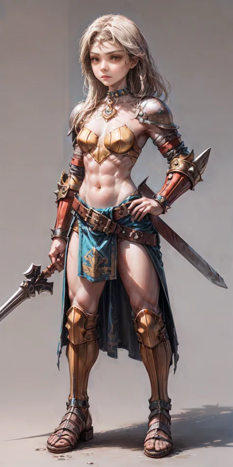 Subject: 1 Solo Female Gladiator Pose: Full body, whole body Standing tall, hands on hips (conveying confidence) Feet together, ...