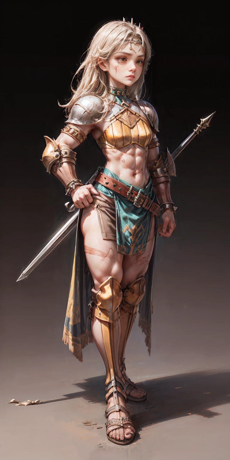 Subject: 1 Solo Female Gladiator Pose: Full body, whole body Standing tall, hands on hips (conveying confidence) Feet together, conveying a strong stance View from slightly below, emphasizing her power Clothing and Armor: Loincloth (detailed and well-crafted, showcasing her warrior status) Metal sandals, sturdy and battle-worn Leather choker, adorned with a gladiator emblem or small spikes (optional) Big belt, holding additional weapons or pouches (optional) Bracers on forearms, for protection Jewelry: Tiara (can be simple and battle-ready, or adorned with feathers or gladiator symbols) Additional Details: Strong, defined muscles Determined expression on her face Optional: scars or other battle marks that tell a story of her victories