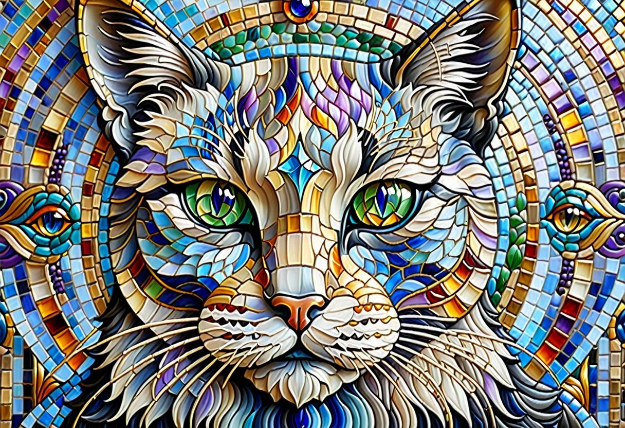 Mosaic tile, mural, god of catsのクローズアップ, god of cats, alex grey cat, Great art, Cat masterpiece, 細部まで全てMosaic tileで作成された芸術作品, Cat Details, Visionary art, Cat Cat Dream Cat, Great art, Great art, highly detailed Visionary art, By Eva Švankmajerová, Written by Lee Mi Soo,Modern Art