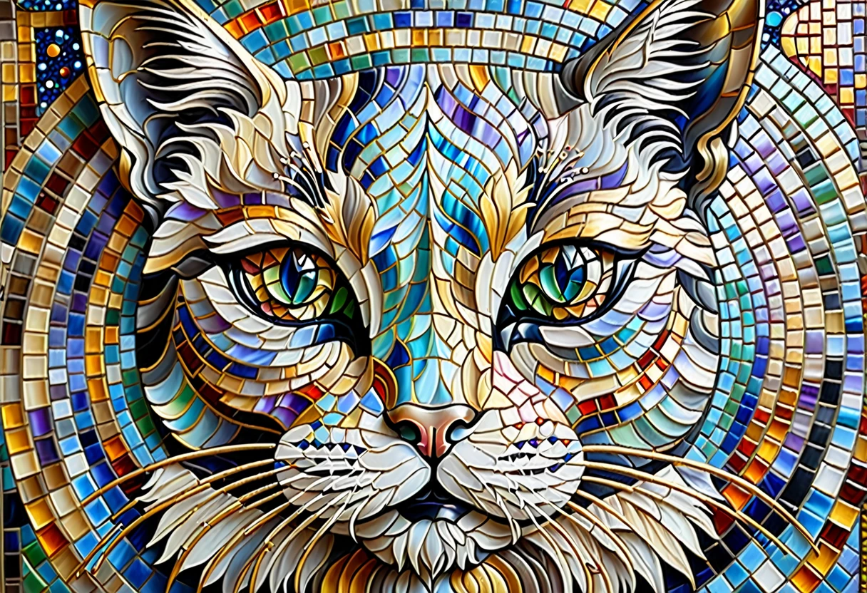 Mosaic tile, mural, god of catsのクローズアップ, god of cats, alex grey cat, Great art, Cat masterpiece, 細部まで全てMosaic tileで作成された芸術作品, Cat Details, Visionary art, Cat Cat Dream Cat, Great art, Great art, highly detailed Visionary art, By Eva Švankmajerová, Written by Lee Mi Soo,Modern Art