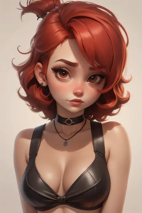 Frankie Foster. red hair, black eyes, red eye make up, cleavage. choker. swimsuit. bow. a photo of a face in the vicinity.