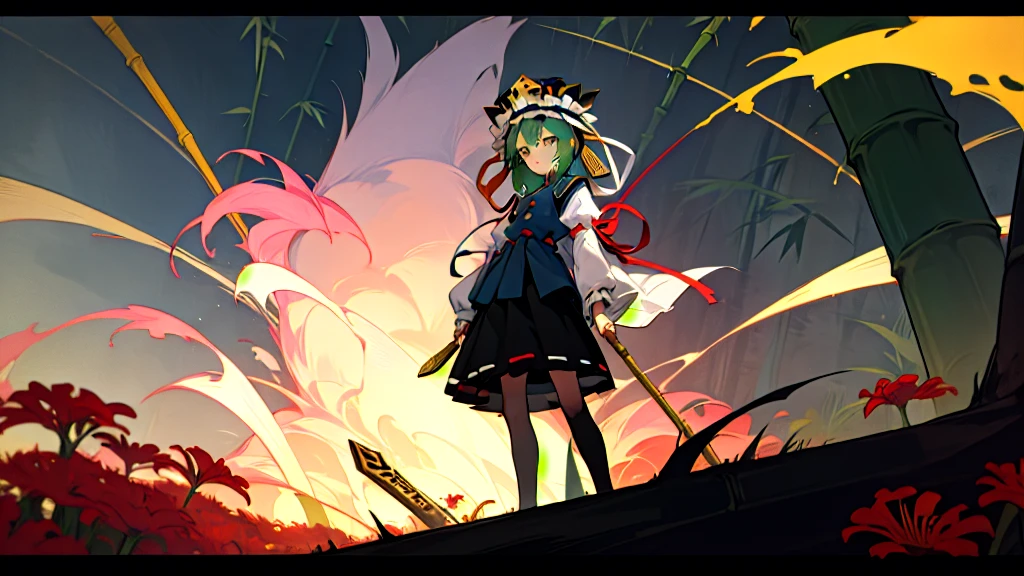 a pink haired woman is standing on a branch Holding a gold key, One girl, bamboo, alone, shiki eiki, rod of remorse, Have, skirt, Knee socks, Green Hair, Black footwear, Frills, Long sleeve, View your viewers, white Knee socks, ribbon, white ribbon, Green Eyes, shirt, black skirt, Best, white shirt, shoes, Holding,Red spider lily, frilled Have, chest, Clear Face