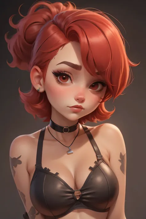 Frankie Foster. red hair, black eyes, red eye make up, cleavage. choker. swimsuit. bow. a photo of a face in the vicinity.