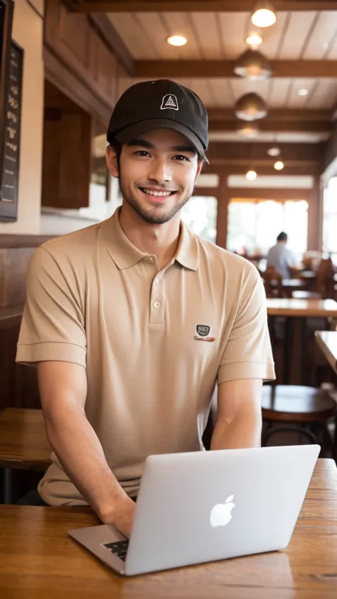 a man on a cozy cafe working Apple laptop in front of him, smile to camera, wearing hat, polo shirt