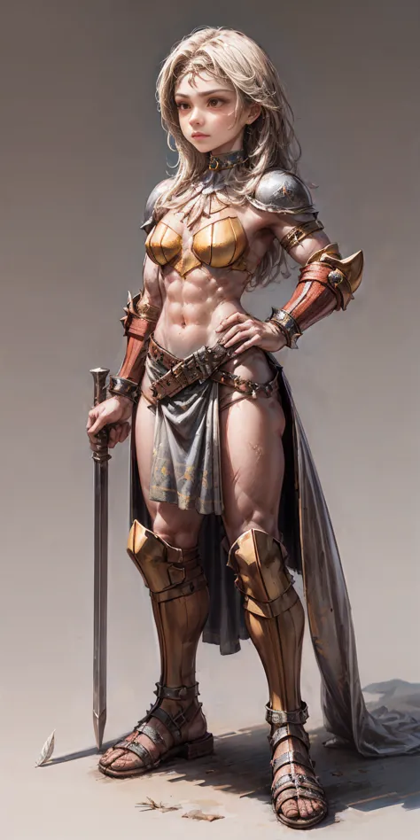 Subject: 1 Solo Female Gladiator Pose: Full body, whole body Standing tall, hands on hips (conveying confidence) Feet together, ...