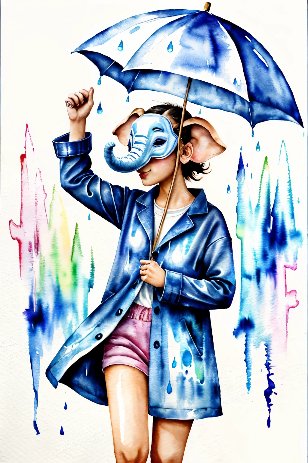 girl wearing elephant mask, dancing in the rain,  ballerina, colorful clothes, watercolor, rain, windy