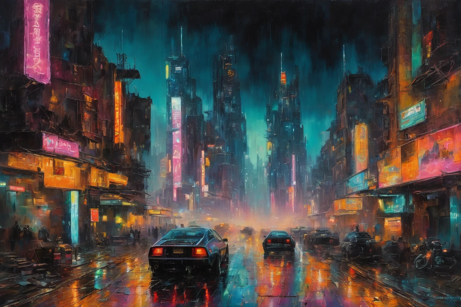 ((Masterpiece, best quality)),beautiful colors, sharp contrast,oil painting, vintage,crackled paint,
painting of a ((cyberpunk city, neon city lights))
painted in renaissance style
 