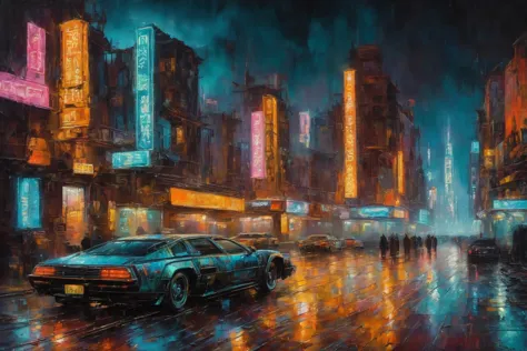 ((Masterpiece, best quality)),beautiful colors, sharp contrast,oil painting, vintage,crackled paint,
painting of a ((cyberpunk c...