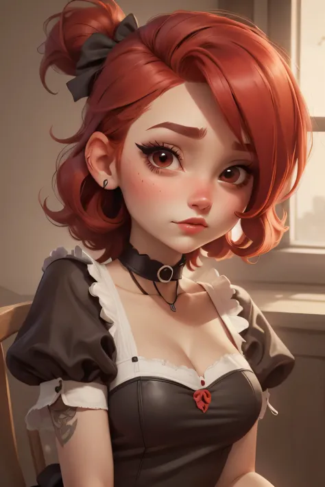 Frankie Foster. red hair, black eyes, red eye make up, cleavage. choker. maid dress. bow. a photo of a face in the vicinity.