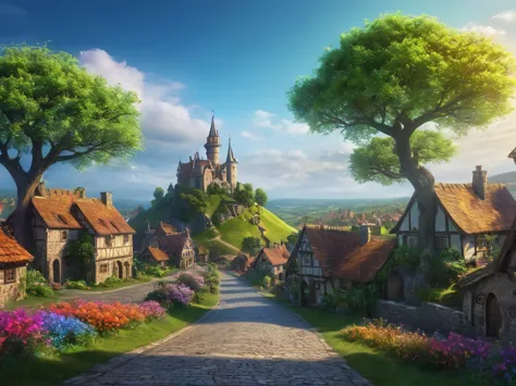 a magical kingdom, a town, magical, fantasy landscape, rolling hills, medieval architecture, cobblestone streets, whimsical tree...