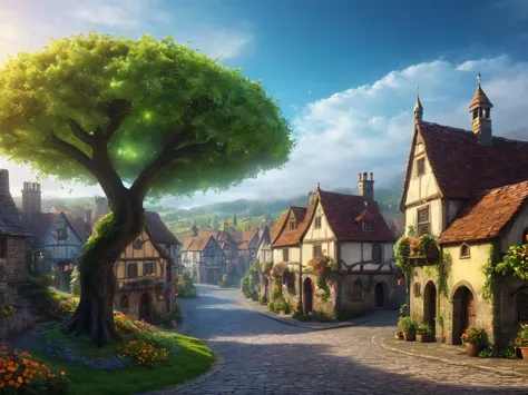 a magical kingdom, a town, magical, fantasy landscape, rolling hills, medieval architecture, cobblestone streets, whimsical tree...