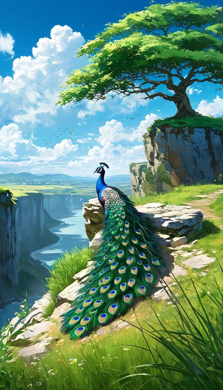 a peacock sitting under a tree near a cliff in a meadow , seeing a vast blue sky with fluffy clouds and brush strokes , tall grasses stones, , makoto shinkai cyril rolando, anime art wallpaper 4k, anime art wallpaper 4k, animated background, anime art wallpaper 8K, animated background art, Anime Landscape Wallpaper, amazing wallpaper, HD wallpaper, 4k anime wallpaper, 4k anime wallpaper, Aries Moross art,art by Bob Byerley , AshleyWoodArtAI, greg rutkowski