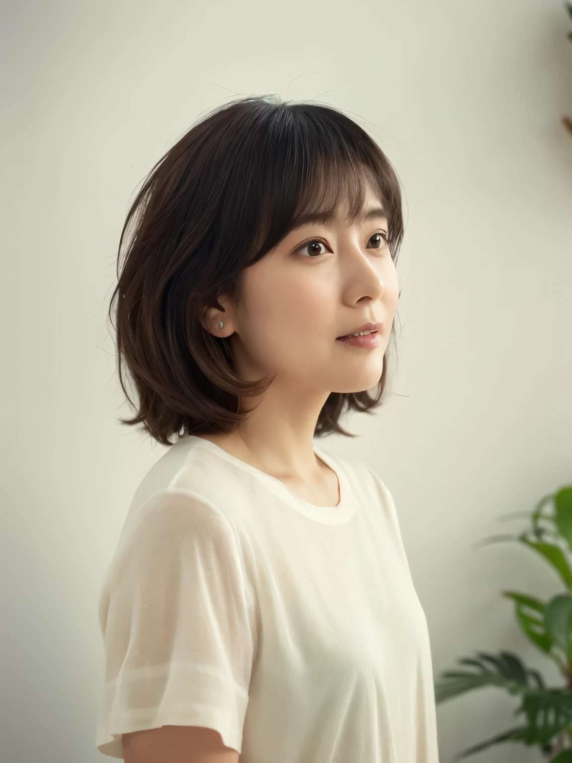 Short sleeve shirt、４０A chubby Japanese woman in her thirties、(White wall in the background、Reddish hair color)、profile、Photographed in front of a white wall、Layered Cut、Very delicate hair、(In a room with white walls and windows)、((Highest quality、8K、masterpiece:1.3))、Ultra-high resolution、(photoGenuineistic:1.4)、RAW Photos、Japanese,(detailed aspects)、Genuine、Photographed in natural light、Highly detailed face and skin texture、Highly detailed lips、The correct state of the human body、Medium Hair、Black Hair、Various poses、Natural color lip