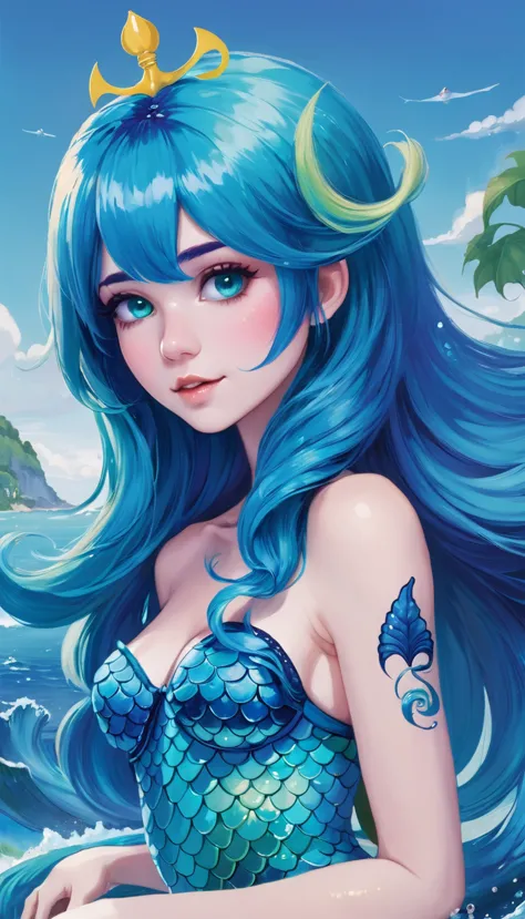 A blue-haired half-mermaid with blue hair