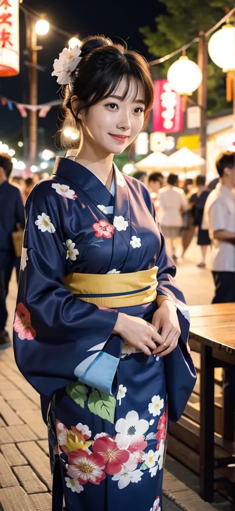 a woman wearing a yukata enjoying a summer festival in the evening。