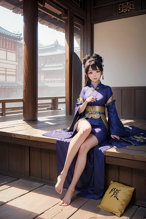 a rich girl from the tang dynasty sitting in the courtyard。dressed in silk，barefoot。