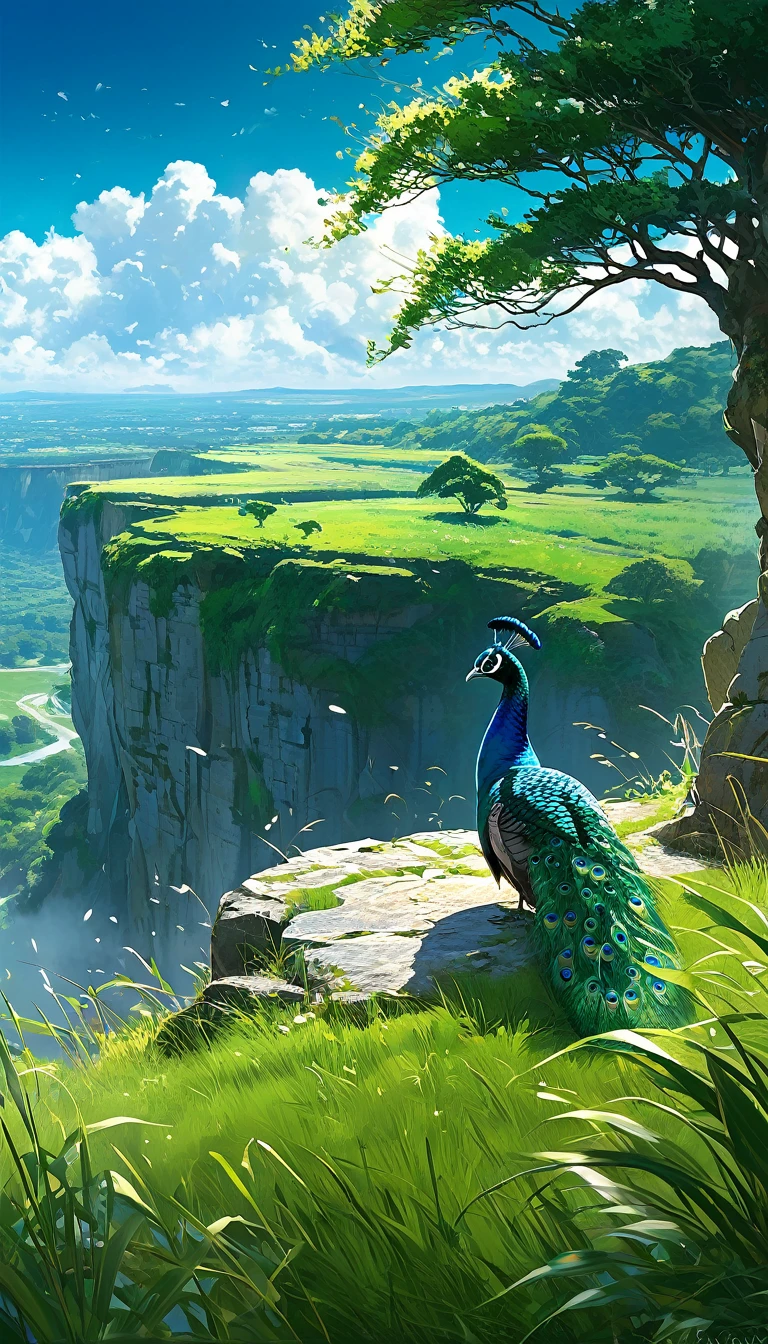 a peacock sitting under a tree near a cliff in a meadow , seeing a vast blue sky with fluffy clouds and brush strokes , tall grasses stones, , makoto shinkai cyril rolando, anime art wallpaper 4k, anime art wallpaper 4k, animated background, anime art wallpaper 8K, animated background art, Anime Landscape Wallpaper, amazing wallpaper, HD wallpaper, 4k anime wallpaper, 4k anime wallpaper, Aries Moross art,art by Bob Byerley , AshleyWoodArtAI, greg rutkowski(far angle view)(brokeh effects)